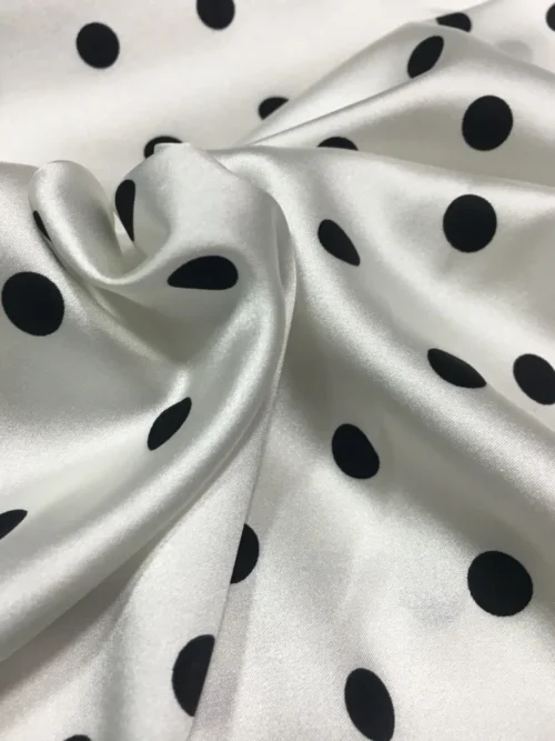 White Stretch Satin Fabric with Black Polka Dots 0.5 × 114cm – Dressmaking Fabric