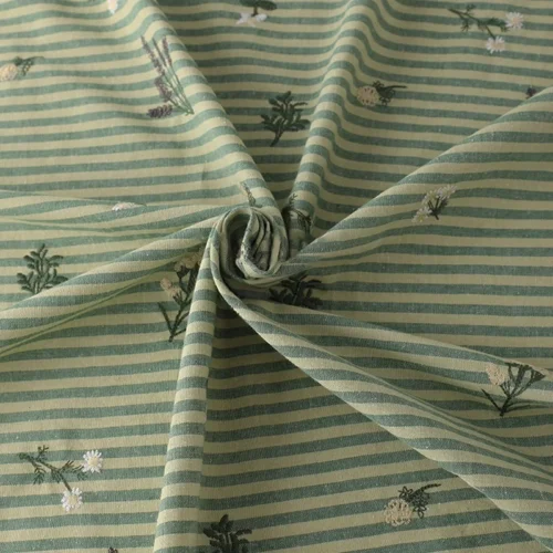 Green Embroidered Striped Cotton Linen Fabric 50 × 145cm – Sewing Fabric for Dresses & Shirts