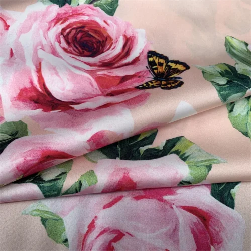 S2792afdf14374489a561ba7a918c7e554.webp Rose Butterfly Stretch Satin Fabric 100 × 145cm – Printed Dressmaking Fabric