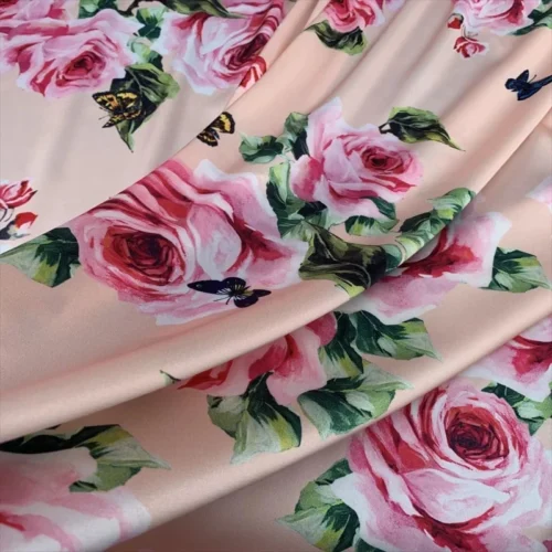 Rose Butterfly Stretch Satin Fabric 100 × 145cm – Printed Dressmaking Fabric