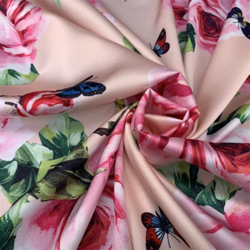 S35d78b0228964997ae169b555a4a52a9m.webp Rose Butterfly Stretch Satin Fabric 100 × 145cm – Printed Dressmaking Fabric