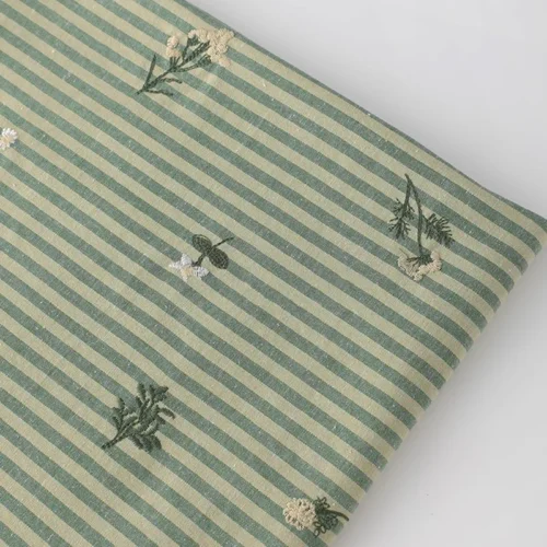 Green Embroidered Striped Cotton Linen Fabric 50 × 145cm – Sewing Fabric for Dresses & Shirts