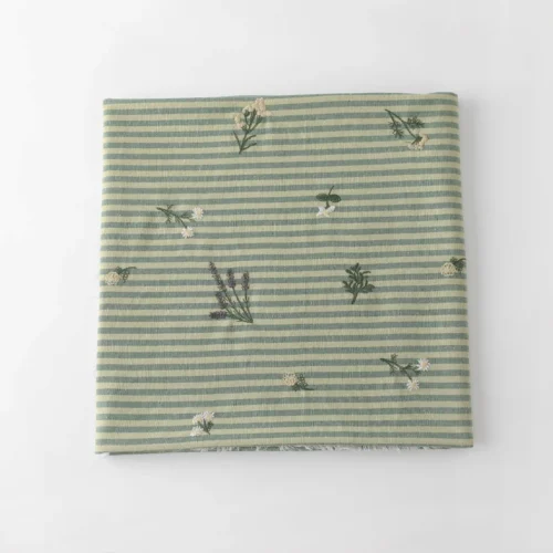 Green Embroidered Striped Cotton Linen Fabric 50 × 145cm – Sewing Fabric for Dresses & Shirts