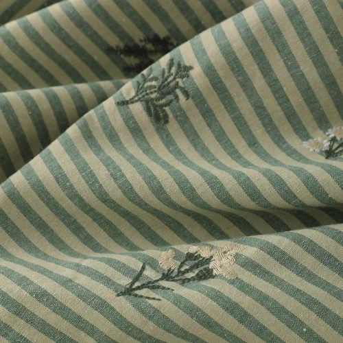 Green Embroidered Striped Cotton Linen Fabric 50 × 145cm – Sewing Fabric for Dresses & Shirts