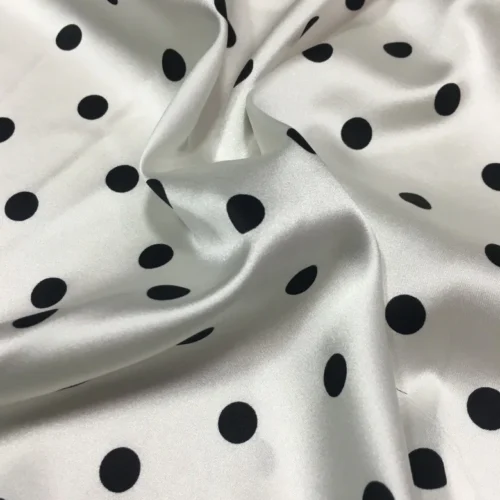 White Stretch Satin Fabric with Black Polka Dots 0.5 × 114cm – Dressmaking Fabric