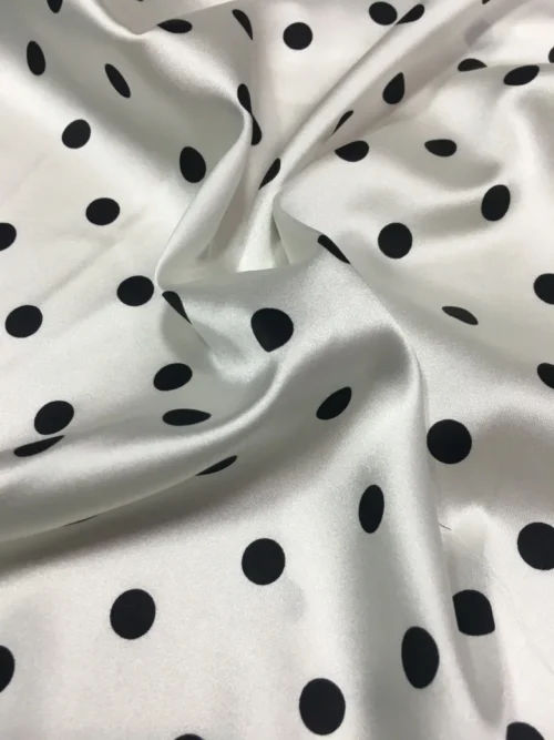 White Stretch Satin Fabric with Black Polka Dots 0.5 × 114cm – Dressmaking Fabric