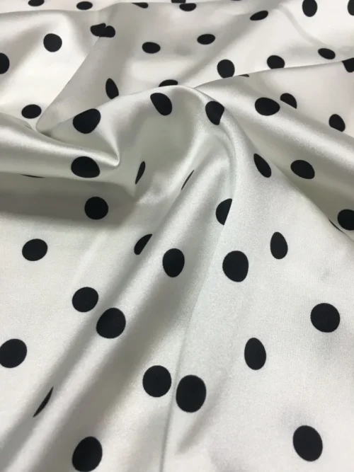 White Stretch Satin Fabric with Black Polka Dots 0.5 × 114cm – Dressmaking Fabric