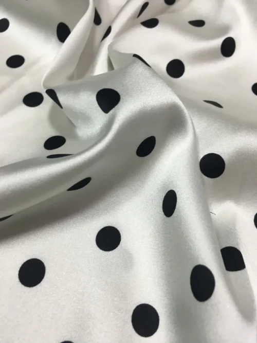 White Stretch Satin Fabric with Black Polka Dots 0.5 × 114cm – Dressmaking Fabric